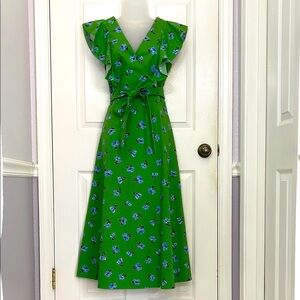 Beautiful Kate Spade New York Green Flutter Sleeve Midi Dress with Blue Flowers